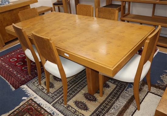 A contemporary oak and pollard oak rectangular dining table and six dining chairs 200 x 102cm